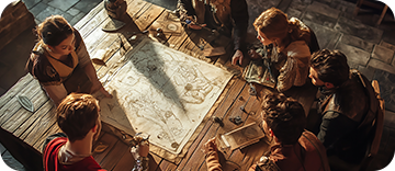 Dungeon master tabletop scene with miniatures, dice, and fantasy map